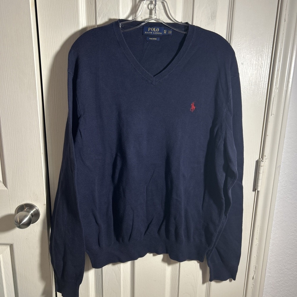 Polo Ralph Lauren Sweater Mens XL Navy Blue Pima Cotton V-Neck Pony Logo